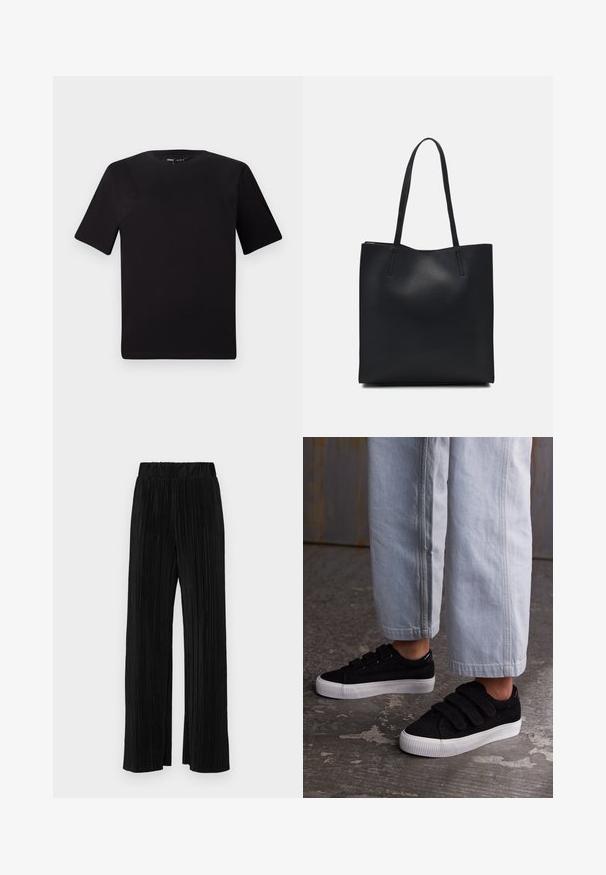 T-shirt noir à manches courtes avec un col rond, fabriqué en coton doux. Design simple, sans logos ni motifs visibles.; Pantalons plissés noirs avec une taille élastique. Présente des jambes larges et un tissu lisse texturé avec des rayures verticales.; Baskets en velours côtelé noir avec trois bandes Velcro et un dessus texturé. Semelle en caoutchouc blanc à profil bas. Portées avec un pantalon cropped bleu clair.; Sac fourre-tout en cuir noir avec une texture lisse, de forme rectangulaire et deux longues poignées. Pas de matériel ou d'ornementations visibles.