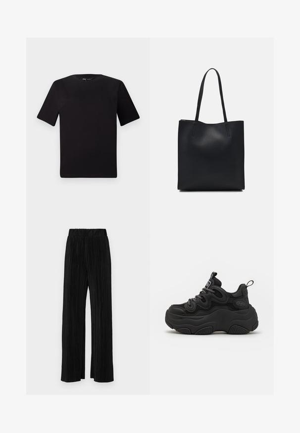 Tricou scurt negru cu mânecă scurtă și guler rotund, realizat dintr-un material de bumbac moale. Design simplu, fără logo-uri sau modele vizibile.; Pantaloni negri plisati cu talie elastică. Prezintă picioare largi și un material neted, texturat, cu dungi verticale.; Adidași negri cu un design voluminos, având un upper texturat, panouri din plasă și o talpă groasă din cauciuc. Șnururi reflectorizante și detalii de brand vizibile.; Geantă tote neagră din piele, cu textură netedă, formă rectangulară și două mânere lungi. Fără hardware vizibil sau ornamente.