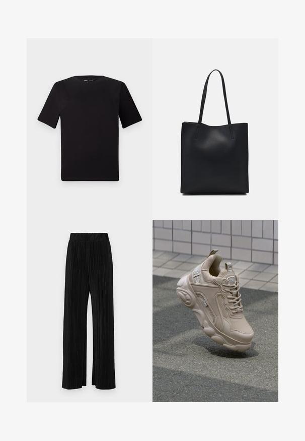 Tricou scurt negru cu mânecă scurtă și guler rotund, realizat dintr-un material de bumbac moale. Design simplu, fără logo-uri sau modele vizibile.; Pantaloni negri plisati cu talie elastică. Prezintă picioare largi și un material neted, texturat, cu dungi verticale.; Pantofii sport bej au un upper din plasă și material sintetic, cu un guler căptușit și un talpă masivă cu accente texturate. Brandingul este vizibil pe lateral.; Geantă tote neagră din piele, cu textură netedă, formă rectangulară și două mânere lungi. Fără hardware vizibil sau ornamente.