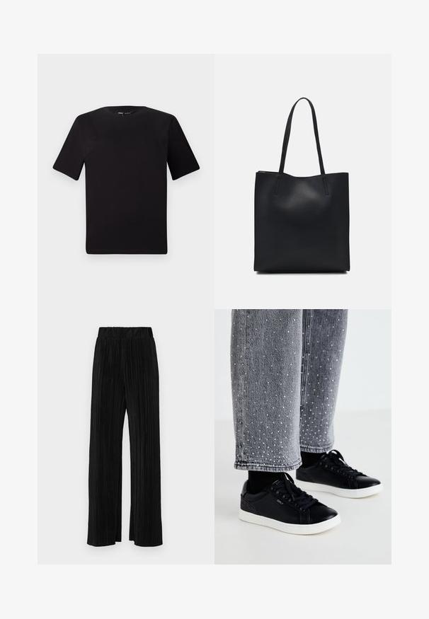 Black short-sleeve t-shirt with a round neckline, crafted from soft cotton fabric. Simple design, no visible logos or patterns.; Black pleated trousers with an elastic waistband. Features wide legs and a smooth, textured fabric with vertical stripes.; Black leather sneakers with white rubber soles and textured accents. Paired with gray denim jeans detailed with embellished silver dots.; Black leather tote bag with smooth texture, rectangular shape, and two long handles. No visible hardware or embellishments.