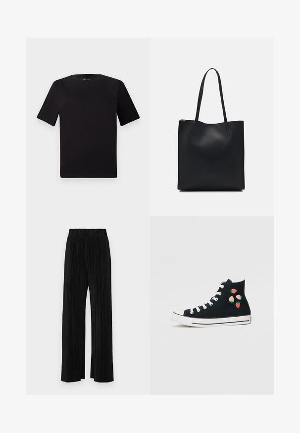 Must olema lühikeste varrukatega must t-särk ümmarguse kaelusega, valmistatud pehmest puuvillast kangast. Lihtne disain, ilma nähtavate logode või mustriteta.; Mustad pleekitud püksid elastse vöökohtaga. Omavad laiad jalad ja sujuvat, tekstureeritud kangast vertikaalsete triipudega.; Converse CHUCK TAYLOR ALL STAR - Kõrge servaga tossud - black/soft red/green; Mustast nahast kott sujuva tekstuuriga, ristkülikukujuline ja kahe pika sangaga. Pole nähtavat riistvara ega kaunistusi.