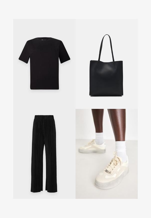 Svart t-skjorte med korte ermer og rund hals, laget av mykt bomullsstoff. Enkelt design, ingen synlige logoer eller mønstre.; Sorte plisserte bukser med elastisk midje. Har vide ben og et glatt, strukturert stoff med vertikale striper.; Beige sneakers med glatt lær og semskede detaljer, grå gummisåle, teksturerte mønstre og en metallisk merke-logo på siden.; Svart lær tote bag med glatt tekstur, rektangulær form og to lange håndtak. Ingen synlige deler eller dekorasjoner.