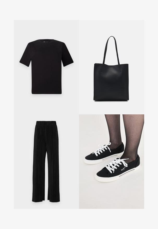 Czarna koszulka z krótkim rękawem o okrągłym dekolcie, wykonana z miękkiej bawełny. Prosty design, bez widocznych logo ani wzorów.; Czarne spodnie plisowane z elastycznym paskiem w talii. Posiadają szerokie nogawki oraz gładki, teksturowany materiał z pionowymi paskami.; Czarne płócienne tenisówki z białymi sznurówkami, białą gumową podeszwą i bocznymi paskami. Posiadają logo po zewnętrznej stronie.; Czarna skórzana torba tote o gładkiej fakturze, prostokątnym kształcie i dwóch długich uchwytach. Brak widocznych elementów metalowych i ozdób.