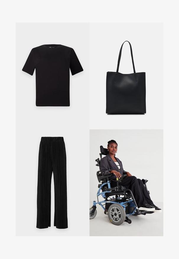 Musta lyhythihainen t-paita pyöreällä kaula-aukolla, valmistettu pehmeästä puuvillakankaasta. Yksinkertainen malli, ei näkyviä logoja tai kuvioita.; Mustat pleatatut housut, joissa on joustava vyötärö. Ominaisuuksiin kuuluvat leveät lahkeet ja sileä, teksturoitu kangas, jossa on pystysuoria raitoja.; Sähköinen pyörätuoli, jossa on sininen runko, musta istuin ja harmaat renkaat. Käyttäjä pukeutuu harmaaseen bleiseriin ja mustiin raidallisiin housuihin, istuen itsevarmasti.; Mustapahkainen kangaskassi, jossa on sileä pinta, suorakaiteen muotoinen ja kaksi pitkää kahvaa. Ei näkyvää metalliosaa tai koristeita.