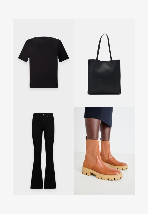 T-shirt preta de mangas curtas com decote redondo, feita de tecido de algodão suave. Design simples, sem logótipos ou padrões visíveis.; Jeans pretos de cintura alta com fecho de botão e zíper, bolsos frontais e pernas largas dispostos em cima de um fundo branco.; Botas de tornozelo castanhas em couro com painéis elásticos com nervuras, sola bege robusta e detalhe de alça; design contemporâneo com acabamento texturizado.; Bolsa tote preta em couro com textura lisa, forma retangular e duas alças longas. Sem hardware ou enfeites visíveis.