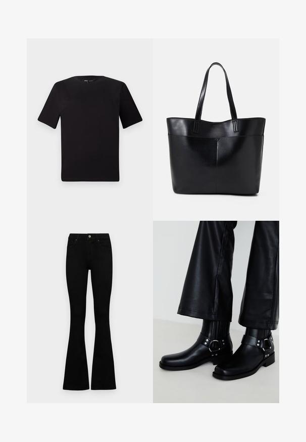 T-shirt noir à manches courtes avec un col rond, fabriqué en coton doux. Design simple, sans logos ni motifs visibles.; Jean noir taille haute avec fermeture à bouton et à zip, poches avant et jambes évasées, posés à plat sur un fond blanc.; Bottines en cuir noir avec un bout arrondi, présentant une boucle décorative et des clous sur la sangle, ainsi qu'un détail côtelé vertical.; Sac fourre-tout en cuir noir avec deux longues poignées, une texture lisse et une forme structurée. Dispose d'une poche avant pour un rangement supplémentaire.