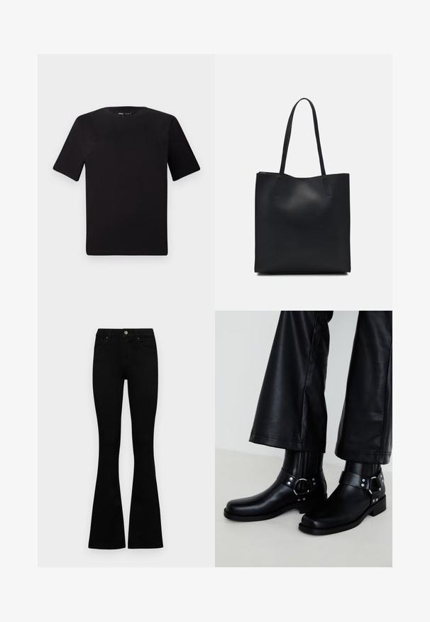 Crna majica kratkih rukava s okruglim izrezom, izrađena od mekane pamučne tkanine. Jednostavan dizajn, bez vidljivih logotipa ili uzoraka.; Crne traperice viskog struka s kopčanjem na gumb i rajfeslusu, prednjim džepovima i širom nogavicama položene su ravno na bijeloj pozadini.; Crne kožne čizme do gležnja sa zaobljenim vrhom, koje sadrže dekorativnu kopču i zakovice na trakama, kao i vertikalni rebrasti detalj.; Crna kožna torba za nošenje s glatkom teksturom, pravokutnim oblikom i dvije duge ručke. Nema vidljivih metalnih dijelova ili ukrasa.