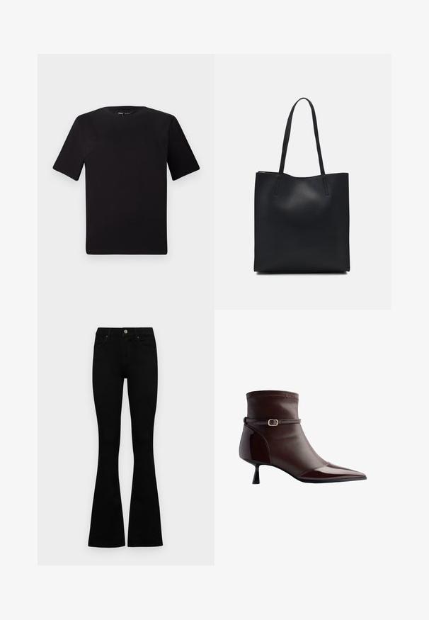 Black short-sleeve t-shirt with a round neckline, crafted from soft cotton fabric. Simple design, no visible logos or patterns.; Black high-waist jeans with a button and zip closure, front pockets, and flared legs laid flat on a white background.; Brown leather ankle boot with pointed toe, small kitten heel, and a thin strap with a small gold buckle around the ankle.; Black leather tote bag with smooth texture, rectangular shape, and two long handles. No visible hardware or embellishments.