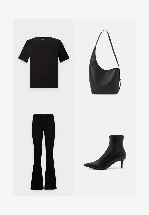 T-shirt noir à manches courtes avec un col rond, fabriqué en coton doux. Design simple, sans logos ni motifs visibles.; Jean noir taille haute avec fermeture à bouton et à zip, poches avant et jambes évasées, posés à plat sur un fond blanc.; Bottines noires en cuir lisse avec un bout pointu et un petit talon fin. Présente un design sans couture et des accents de couture subtils.; Sac hobo en cuir noir avec une texture lisse, une forme incurvée et une seule sangle réglable ; dispose d'une large ouverture en haut.