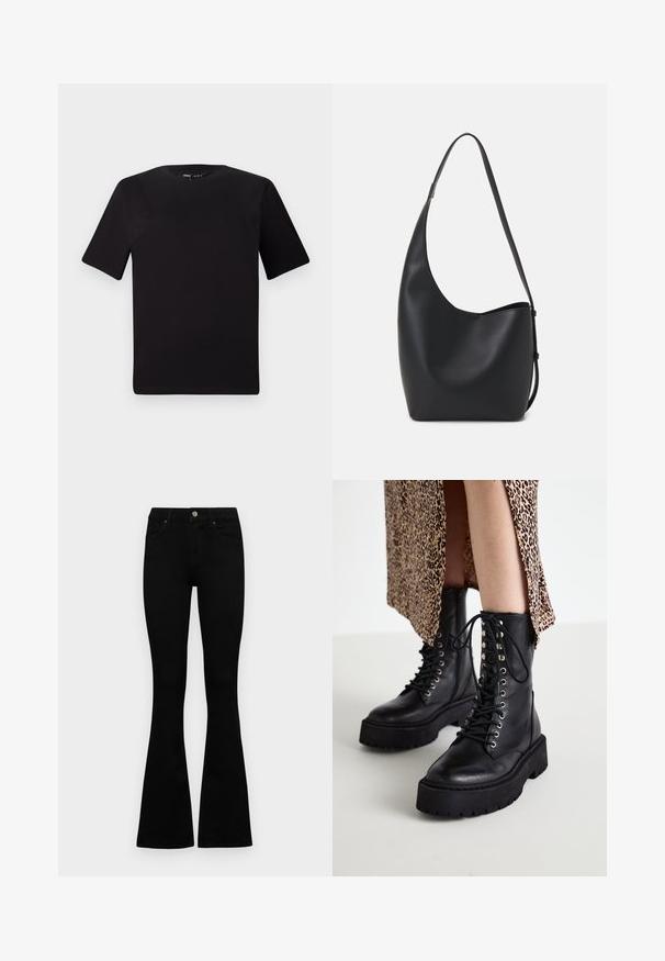 Svart t-skjorte med korte ermer og rund hals, laget av mykt bomullsstoff. Enkelt design, ingen synlige logoer eller mønstre.; Sorte høytlivsjeans med knapp og glidelås, frontlommer og utsvingte bein liggende flatt på en hvit bakgrunn.; Svarte lærkampstøvler med tykke gummisåler, snøring foran og metalløyer. Teksturert lær og kontrastende plattformdesign.; Svart lær hobo-veske med glatt tekstur, buet form og enkelt justerbart stropp; har en bred åpning på toppen.