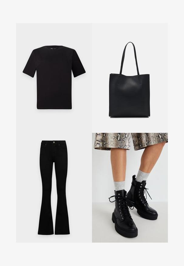 Sort kortærmet t-shirt med rund halsudskæring, lavet af blødt bomuldsstof. Enkel design, ingen synlige logoer eller mønstre.; Sorte højtaljede jeans med knap- og lynlåslukning, forlommer og flagrende ben, lagt fladt på en hvid baggrund.; Steve Madden GUSTO - Plateaustøvletter - black; Sort læder tote taske med glat tekstur, rektangulær form og to lange hanke. Ingen synlig hardware eller udsmykninger.