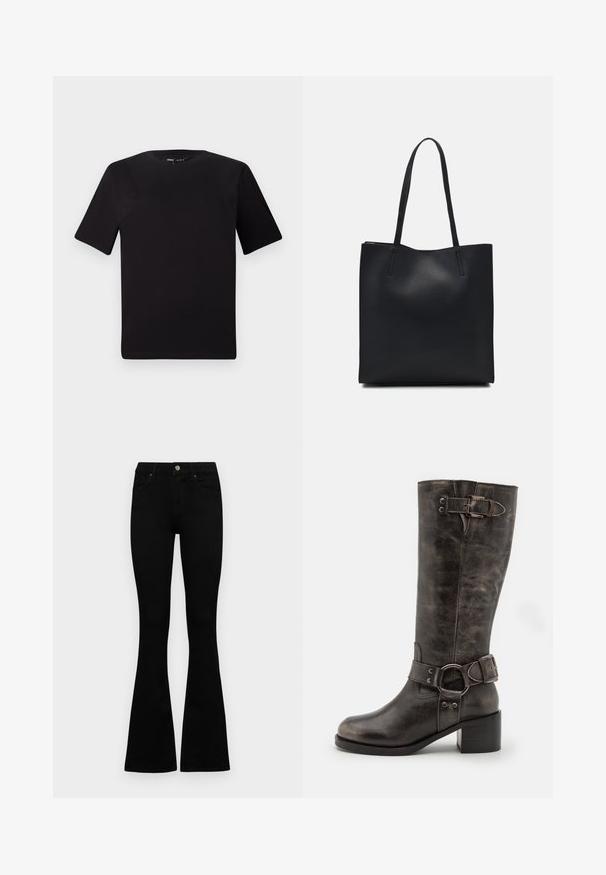 T-shirt noir à manches courtes avec un col rond, fabriqué en coton doux. Design simple, sans logos ni motifs visibles.; Jean noir taille haute avec fermeture à bouton et à zip, poches avant et jambes évasées, posés à plat sur un fond blanc.; Botte en cuir noir jusqu'au genou avec un large talon bloc, arborant une boucle et une sangle à la cheville ainsi qu'une finition texturée.; Sac fourre-tout en cuir noir avec une texture lisse, de forme rectangulaire et deux longues poignées. Pas de matériel ou d'ornementations visibles.