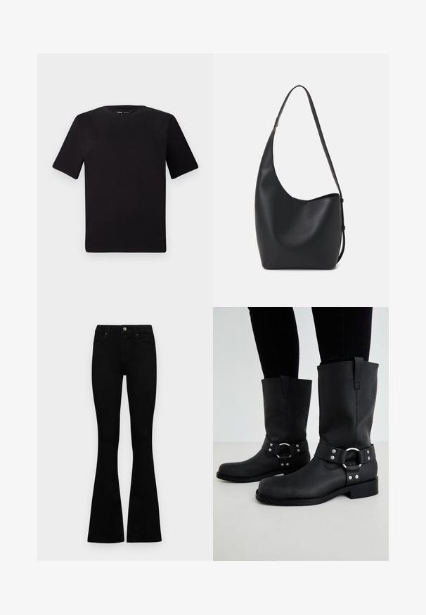 Black short-sleeve t-shirt with a round neckline, crafted from soft cotton fabric. Simple design, no visible logos or patterns.; Black high-waist jeans with a button and zip closure, front pockets, and flared legs laid flat on a white background.; ONLY SHOES ONLBAX - Cowboy/Biker boots - black; Black leather hobo bag with a smooth texture, curved shape, and single adjustable strap; features a wide opening at the top.