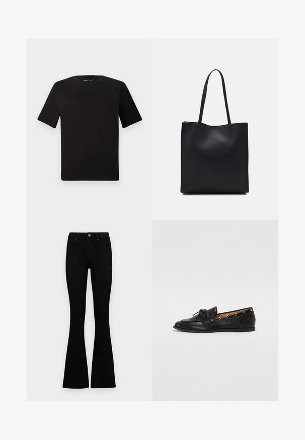 T-shirt preta de mangas curtas com decote redondo, feita de tecido de algodão suave. Design simples, sem logótipos ou padrões visíveis.; Jeans pretos de cintura alta com fecho de botão e zíper, bolsos frontais e pernas largas dispostos em cima de um fundo branco.; Mocassins de couro preto com um laço atado, apresentando detalhes de ilhós dourados nas laterais e uma sola de borracha plana. Textura suave, design clássico.; Bolsa tote preta em couro com textura lisa, forma retangular e duas alças longas. Sem hardware ou enfeites visíveis.