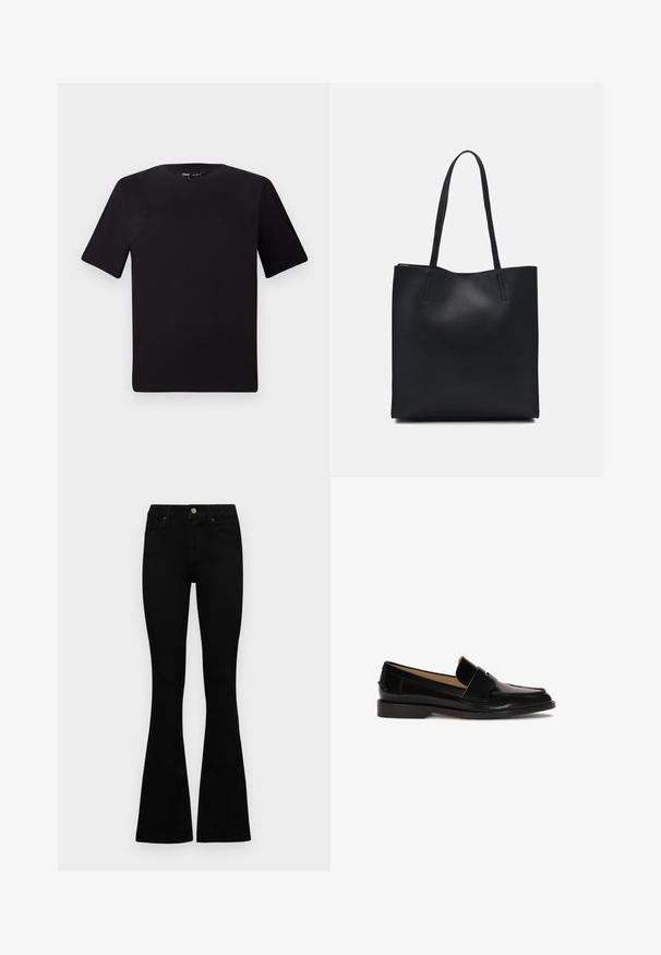 Čierne tričko s krátkym rukávom a okrúhlym výstrihom, vyrobené z mäkkej bavlny. Jednoduchý dizajn, bez viditeľných log alebo vzorov.; Čierne vysoké nohavice s gombíkom a zipsom, predné vrecká a rozšírené nohavice položené na bielom pozadí.; Čierne kožené mokasíny s hladkým povrchom, zaoblenou špičkou a ozdobným pásikom cez prednú časť. Dizajn s nízkym blokovým podpätkom.; Čierna kožená taška na rameno s hladkým povrchom, obdĺžnikovým tvarom a dvoma dlhými uchami. Bez viditeľného kovania alebo ozdôb.