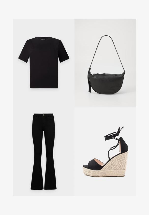 Svart t-skjorte med korte ermer og rund hals, laget av mykt bomullsstoff. Enkelt design, ingen synlige logoer eller mønstre.; Sorte høytlivsjeans med knapp og glidelås, frontlommer og utsvingte bein liggende flatt på en hvit bakgrunn.; Svart semsket kile-platå sandaler med vevd jute-plattform, med krysset ankelremmer og åpen tå-design.; Svart lær skulderveske med buet form, enkel stropp, glidelås-lukking, og diskret sømdetaljering langs kroppen.