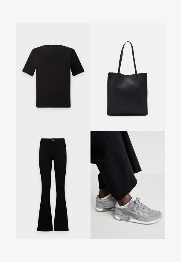 Svart t-skjorte med korte ermer og rund hals, laget av mykt bomullsstoff. Enkelt design, ingen synlige logoer eller mønstre.; Sorte høytlivsjeans med knapp og glidelås, frontlommer og utsvingte bein liggende flatt på en hvit bakgrunn.; Grå sneakers med mesh- og suede-materialer, med en hvit såle, lysegrå detaljer og lisser. Brukt med løse svarte stoffbukser.; Svart lær tote bag med glatt tekstur, rektangulær form og to lange håndtak. Ingen synlige deler eller dekorasjoner.