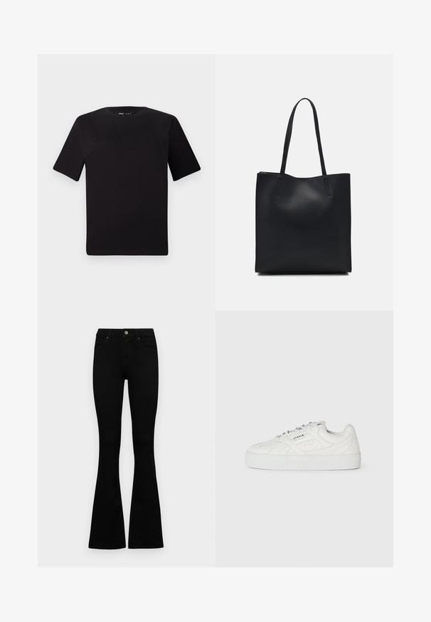 Sort kortærmet t-shirt med rund halsudskæring, lavet af blødt bomuldsstof. Enkel design, ingen synlige logoer eller mønstre.; Sorte højtaljede jeans med knap- og lynlåslukning, forlommer og flagrende ben, lagt fladt på en hvid baggrund.; Hvide lavtop sneakers med snørebånd, perforerede detaljer og "CPNHGN" trykt på siden, på en ensfarvet hvid baggrund.; Sort læder tote taske med glat tekstur, rektangulær form og to lange hanke. Ingen synlig hardware eller udsmykninger.