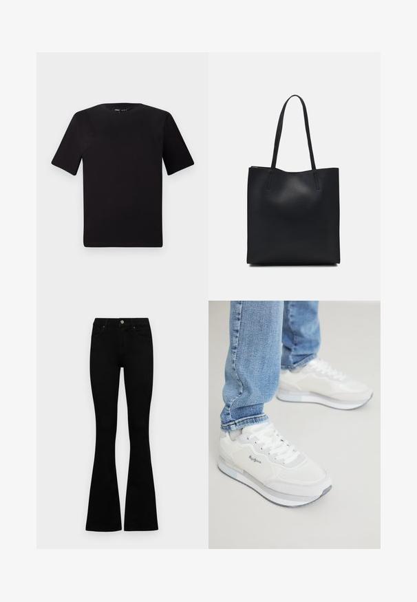 Black short-sleeve t-shirt with a round neckline, crafted from soft cotton fabric. Simple design, no visible logos or patterns.; Black high-waist jeans with a button and zip closure, front pockets, and flared legs laid flat on a white background.; White athletic sneakers with a textured, smooth finish, featuring laces and a gray rubber outsole. Complemented by light, tapered blue jeans.; Black leather tote bag with smooth texture, rectangular shape, and two long handles. No visible hardware or embellishments.