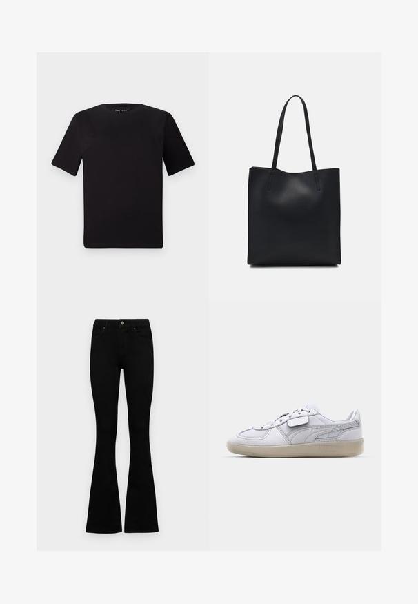 Musta lyhythihainen t-paita pyöreällä kaula-aukolla, valmistettu pehmeästä puuvillakankaasta. Yksinkertainen malli, ei näkyviä logoja tai kuvioita.; Mustat korkeavyötäröiset farkut nappi- ja vetskariyläosalla, etutaskuilla ja levenevillä lahkeilla, asetettuna tasaisesti valkoista taustaa vasten.; Valkoinen nahkakengät harmailla yksityiskohdilla, nauhakiinnitys ja teksturoitu kumipohja. Ominaisuuksiin kuuluu näkyvä logo sivulla.; Mustapahkainen kangaskassi, jossa on sileä pinta, suorakaiteen muotoinen ja kaksi pitkää kahvaa. Ei näkyvää metalliosaa tai koristeita.