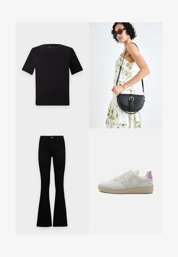 Musta lyhythihainen t-paita pyöreällä kaula-aukolla, valmistettu pehmeästä puuvillakankaasta. Yksinkertainen malli, ei näkyviä logoja tai kuvioita.; Mustat korkeavyötäröiset farkut nappi- ja vetskariyläosalla, etutaskuilla ja levenevillä lahkeilla, asetettuna tasaisesti valkoista taustaa vasten.; Valkoiset nahkakengät, joissa on beige pohja, beige nauhat ja violetti kantapääkoristelu. Sisältää rei'itettyä yksityiskohtaa ja logon sivussa.; Musta nahkainen käsilaukku, joka on kaareva muotoilultaan, irrotettavalla hihnalla ja kultaisilla yksityiskohdilla. Laukussa on läppä, jossa on solk yksityiskohta.