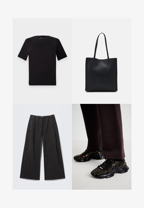 Černé tričko s krátkým rukávem a kulatým výstřihem, vyrobené z měkké bavlněné látky. Jednoduchý design, žádné viditelné logo nebo vzory.; Černé kalhoty s širokými nohavicemi z bavlny, s elastickým pasem, texturovanou látkou a našitými panely podél stran.; Černé tenisky se zlatými skvrnami, texturovaným povrchem a robustní černou podrážkou. V kombinaci s hnědými tepláky s vypasovaným střihem.; Černá kožená taška přes rameno s hladkým povrchem, obdélníkovým tvarem a dvěma dlouhými uchy. Žádné viditelné kování ani ozdoby.