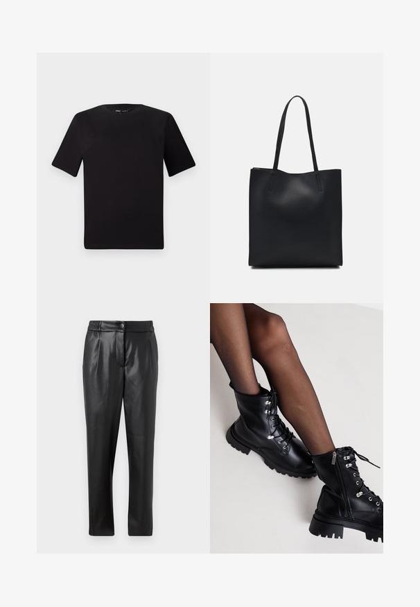Camiseta negra de manga corta con cuello redondo, fabricada en suave algodón. Diseño simple, sin logos ni patrones visibles.; Pantalones de cuero negro con una textura suave, corte recto, cintura elástica y cierre frontal con botón; detalle de pliegues y piernas ajustadas.; Even&Odd Wide Fit Botines con cordones - black; Bolso tote de cuero negro con textura lisa, forma rectangular y dos asas largas. Sin herrajes ni adornos visibles.