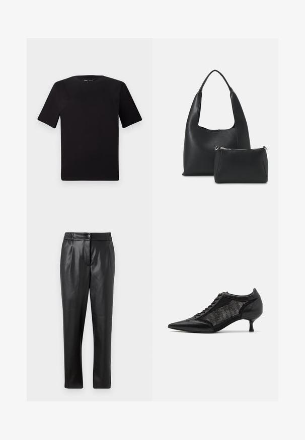 Juodas trumpas rankovės marškinėlis su apvaliu iškirpimu, pagamintas iš minkštos medvilnės medžiagos. Paprastas dizainas, be matomų logotipų ar raštų.; Juodos odinės kelnės su lygiu paviršiumi, tiesiu siluetu, elastinga juosta ir priekyje uždaroma mygtuku; raukiniai ir siaurėjantys kelnių šlaunys.; Juodi bateliai su smailiu pirštu ir tinklinėmis detalėmis, turintys žemą kulną ir raištelių uždengimą. Pagaminti iš odos ir tinklinės medžiagos derinio.; Even&Odd Rankinė - black