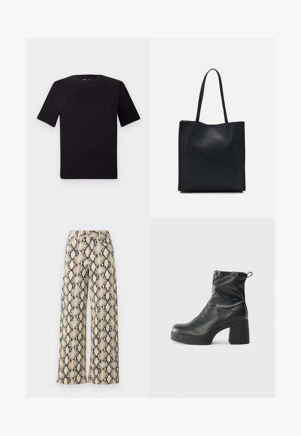 Juodas trumpas rankovės marškinėlis su apvaliu iškirpimu, pagamintas iš minkštos medvilnės medžiagos. Paprastas dizainas, be matomų logotipų ar raštų.; Plati kelnės kreminių ir juodų gyvačių raštu. Pagamintos iš tekstūruoto audinio, su aukštu liemeniu ir priekinėmis kišenėmis.; Juodos kulkšninių botai, pagaminti iš lygaus odos, su šoniniu užtrauktuku, masyviu tekstūruotu kulnu ir apvaliu pirštu.; Juodas odinis tote krepšys su lygia tekstūra, stačiakampio formos ir dviem ilgais rankenomis. Matomų metalinių detalių ar puošybos nėra.