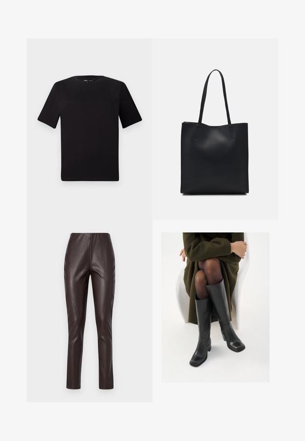 Fekete, rövid ujjú póló, kerek nyakkal, puha pamutból készült. Egyszerű dizájn, nincs látható logó vagy minta.; Barna műbőr leggings sima textúrával, magas derékkal és karcsú szabással. Letisztult dizájnnal rendelkezik, látható varrások vagy díszítések nélkül.; Térdfelett érő fekete bőr csizmák négyzet alakú orral és tömbtalppal, olajzöld kabátban ülő modellel bemutatva. Simaság, minimalista részletezés.; Fekete bőrtáska sima felszínnel, téglalap alakú, két hosszú füllel. Nincs látható fémkiegészítő vagy díszítés.