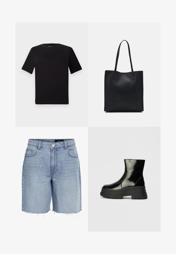 T-shirt preta de mangas curtas com decote redondo, feita de tecido de algodão suave. Design simples, sem logótipos ou padrões visíveis.; Calças de ganga azul claro com cintura alta, cinco bolsos, bainha desfiada e um fecho clássico com botão. Feitas de um tecido suave e texturizado.; Bota de tornozelo preta e brilhante com sola grossa e arredondada, vista lateral sobre fundo cinza claro.; Bolsa tote preta em couro com textura lisa, forma retangular e duas alças longas. Sem hardware ou enfeites visíveis.