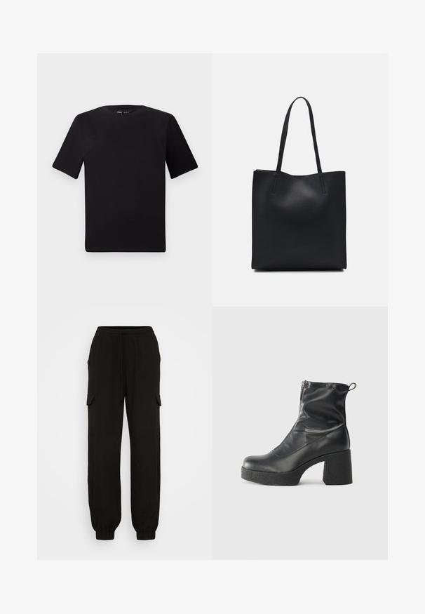 Musta lyhythihainen t-paita pyöreällä kaula-aukolla, valmistettu pehmeästä puuvillakankaasta. Yksinkertainen malli, ei näkyviä logoja tai kuvioita.; Mustat cargo-housut rentoon lahjakkuuteen, joissa on joustava vyötärö, narusuljenta ja sivutaskut. Valmistettu kevyestä kankaasta.; Mustat nilkkurit, jotka on valmistettu sileästä nahasta. Niissä on sivuvetoketju, paksu teksturoitu korko ja pyöristetty kärki.; Mustapahkainen kangaskassi, jossa on sileä pinta, suorakaiteen muotoinen ja kaksi pitkää kahvaa. Ei näkyvää metalliosaa tai koristeita.