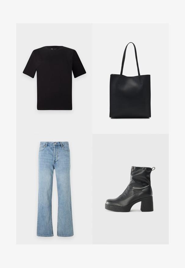 Camiseta negra de manga corta con cuello redondo, fabricada en suave algodón. Diseño simple, sin logos ni patrones visibles.; Jeans de mezclilla de talle alto de color azul claro con cierre de botón, bolsillos delanteros y traseros, y corte recto sobre un fondo blanco.; Botines negros de tobillo, hechos de cuero suave, con cierre lateral, tacón grueso texturizado y diseño de punta redondeada.; Bolso tote de cuero negro con textura lisa, forma rectangular y dos asas largas. Sin herrajes ni adornos visibles.