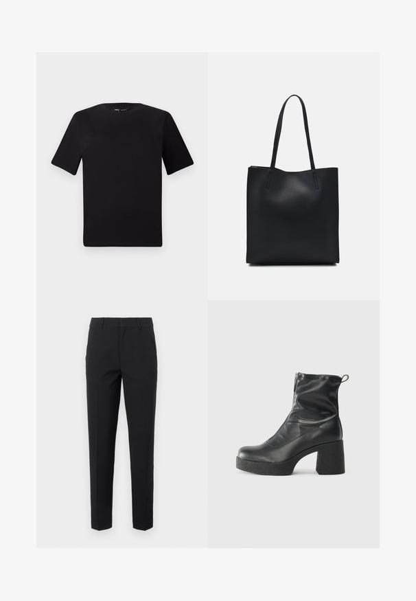 Czarna koszulka z krótkim rękawem o okrągłym dekolcie, wykonana z miękkiej bawełny. Prosty design, bez widocznych logo ani wzorów.; Czarne spodnie o dopasowanym kroju, wykonane z gładkiego materiału. Posiadają prostą nogawkę, pasek w talii z szlufkami oraz boczne kieszenie.; Czarne botki za kostkę wykonane z gładkiej skóry, wyposażone w boczny zamek błyskawiczny, masywny teksturowany obcas oraz zaokrąglony czubek.; Czarna skórzana torba tote o gładkiej fakturze, prostokątnym kształcie i dwóch długich uchwytach. Brak widocznych elementów metalowych i ozdób.