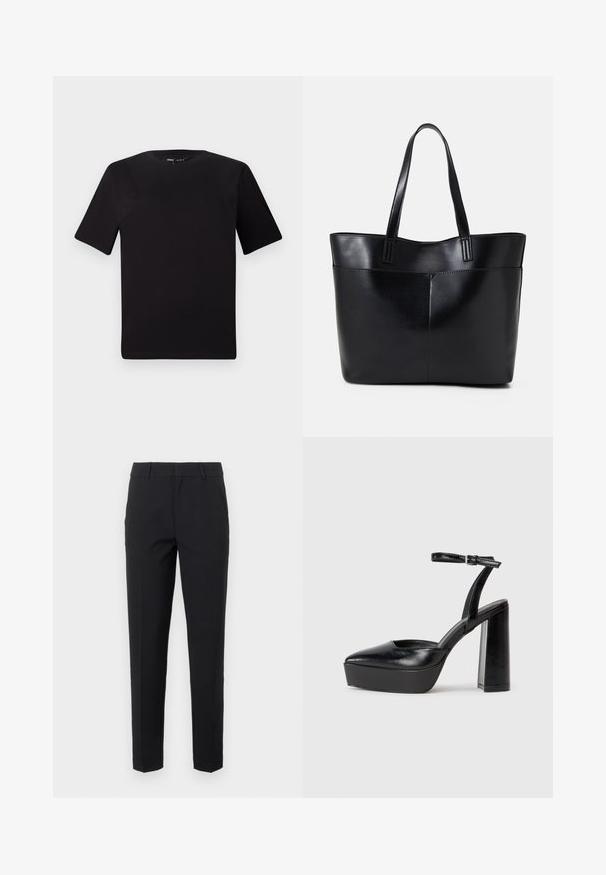 Černé tričko s krátkým rukávem a kulatým výstřihem, vyrobené z měkké bavlněné látky. Jednoduchý design, žádné viditelné logo nebo vzory.; Černé kalhoty s přizpůsobeným střihem, vyrobené z hladkého materiálu. Mají rovné nohavice, pas s poutky na pásek a boční kapsy.; Černé platformové podpatky s špičatou špičkou a nastavitelným kotníkovým popruhem. Vyrobeny z hladké kůže, s masivním blokovým podpatkem.; Černá kožená taška s dlouhými ušima, hladkým povrchem a strukturovaným tvarem. Obsahuje přední kapsu pro další úložný prostor.