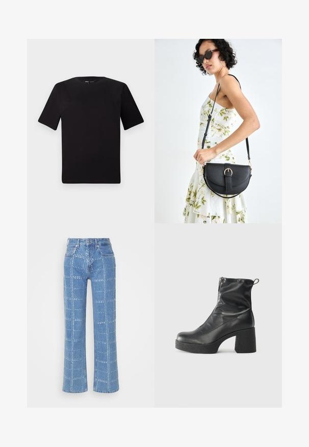 Tricou scurt negru cu mânecă scurtă și guler rotund, realizat dintr-un material de bumbac moale. Design simplu, fără logo-uri sau modele vizibile.; Jeans din denim de culoare albastru deschis, cu tăietură dreaptă, prezentând un model de plasă din cuie argintii și un design clasic cu cinci buzunare.; Bocanci negri de glezna din piele netedă, cu fermoar lateral, toc texturat și masiv, și design cu vârf rotund.; Geantă din piele neagră, cu o formă curbată, curea detașabilă și accesorii aurii. Geanta are un capac cu un detaliu tip cataramă.