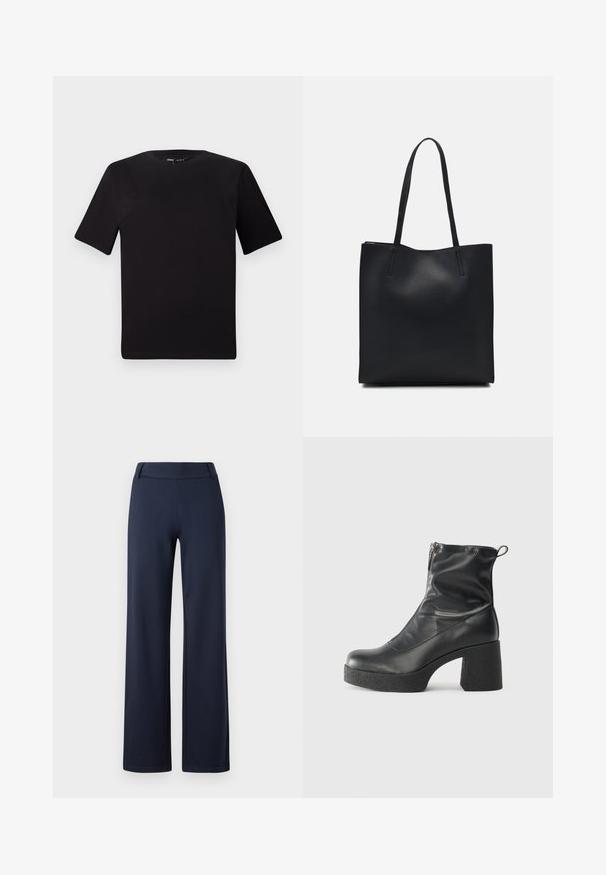 Fekete, rövid ujjú póló, kerek nyakkal, puha pamutból készült. Egyszerű dizájn, nincs látható logó vagy minta.; Sötétkék, bő szárú nadrág, puha, rugalmas anyagból készült. Lapított derékpántja van, sima felülettel; nincsenek látható minták vagy fémalkatrészek.; Fekete bokacsizmák sima bőrből, oldalsó cipzárral, vastag, texturált sarkú és lekerekített orrú dizájnnal.; Fekete bőrtáska sima felszínnel, téglalap alakú, két hosszú füllel. Nincs látható fémkiegészítő vagy díszítés.
