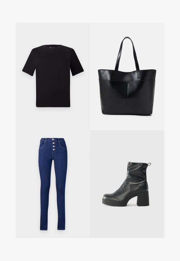 Crna majica kratkih rukava s okruglim izrezom, izrađena od mekane pamučne tkanine. Jednostavan dizajn, bez vidljivih logotipa ili uzoraka.; Uske odrezane traperice u tamnoplavoj boji, s visokim strukom, dugmetima na prednjem dijelu s pet srebrnih dugmadi i minimalističkim stražnjim džepovima.; Crne gležnjače od glatke kože, s bočnim zatvaračem, debelim teksturiranim potplatom i dizajnom s zaobljenim prstima.; Crna kožna torba s dugim ručkama, glatkom teksturom i strukturiranim oblikom. Ima prednju džep za dodatno pohranu.