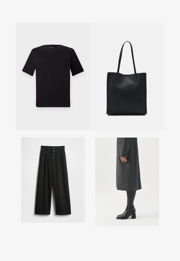 Črna majica s kratkimi rokavi in okroglim izrezom, izdelana iz mehkega bombažnega materiala. Preprost dizajn, brez vidnih logotipov ali vzorcev.; Široke črne hlače iz teksturirane tkanine. Imajo visok pas, sprednje zapiranje na pet gumbov in pregibne plošče za dodatne detajle.; Siv prešita zimska plašča ravnega kroja; obuta z visokimi črnimi usnjenimi škornji, ki imajo kvadratni nos in debel pet.; Črna usnjena torba s svilnato teksturo, pravokotne oblike in dvema dolgima ročajema. Brez vidnih metalnih delov ali okrasnih elementov.