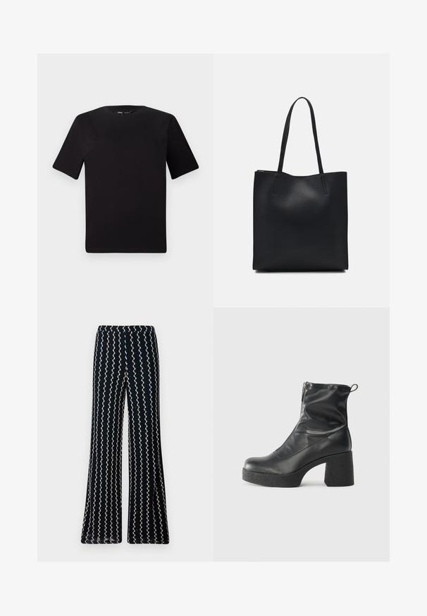 Must olema lühikeste varrukatega must t-särk ümmarguse kaelusega, valmistatud pehmest puuvillast kangast. Lihtne disain, ilma nähtavate logode või mustriteta.; Tumes sinised laiad püksid tekstuuriga kangast, millel on vertikaalsed lainelised kreemjad triibud ning mugav elastne vöökoht.; Mustad mustad ansapüksid, mis on valmistatud siledast nahast, külje zipperiga, paksu tekstuuriga kontsaga ja ümmarguse nina disainiga.; Mustast nahast kott sujuva tekstuuriga, ristkülikukujuline ja kahe pika sangaga. Pole nähtavat riistvara ega kaunistusi.