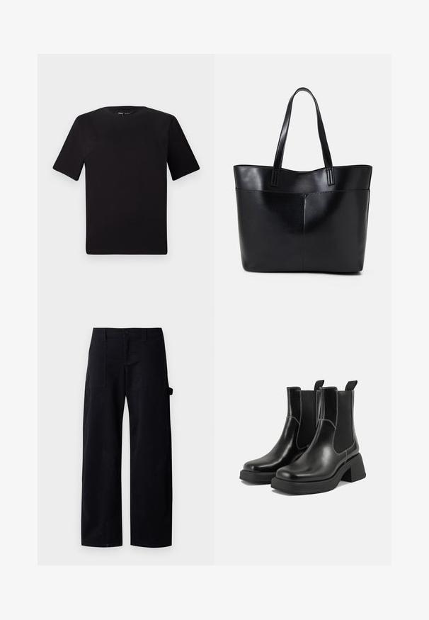 Fekete, rövid ujjú póló, kerek nyakkal, puha pamutból készült. Egyszerű dizájn, nincs látható logó vagy minta.; Fekete, bővebb szárú pamut nadrág, gombos záródással, két elülső zsebel és egy további oldalzseb, amely hurokfogantyúval rendelkezik.; Fekete bőr Chelsea csizmák masszív sarkakkal, rugalmas oldalsó panelekkel és kontrasztos fehér varrással. Texturált felület.; Fekete bőr bevásárlótáska két hosszú fogantyúval, sima felülettel és strukturált formával. Elülső zseb található rajta a plusz tárolás érdekében.