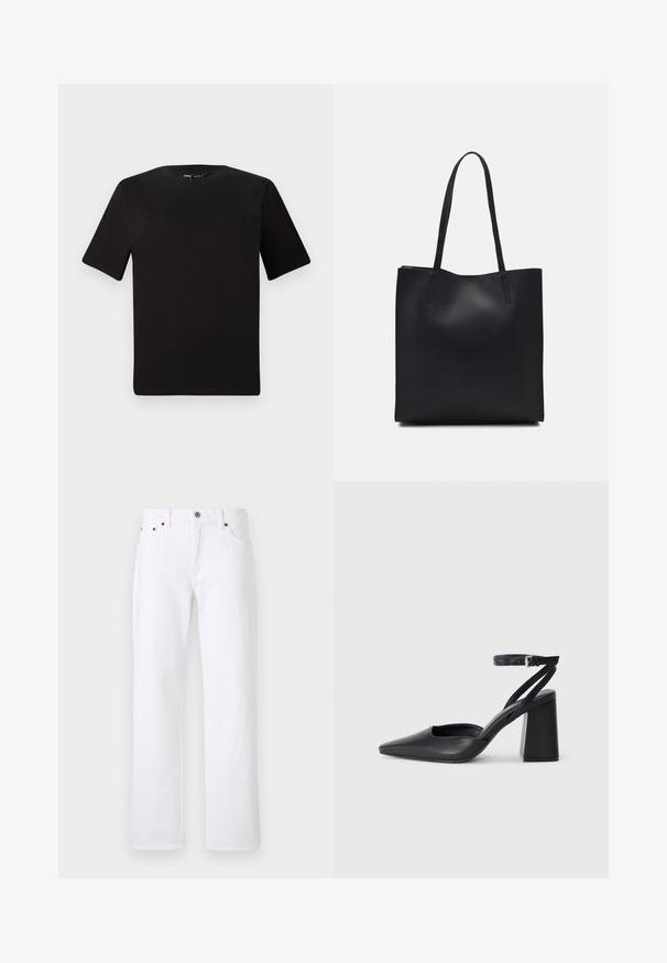 Sort kortærmet t-shirt med rund halsudskæring, lavet af blødt bomuldsstof. Enkel design, ingen synlige logoer eller mønstre.; Hvide denim jeans med lige pasform, fem-lomme design og metalknaplukning. Inkluderer beige syninger og synlige sømme.; Sort læder spidse pumps med ankelrem og en chunky hæl. Flad tekstur, slankt design og minimalistisk æstetik.; Sort læder tote taske med glat tekstur, rektangulær form og to lange hanke. Ingen synlig hardware eller udsmykninger.