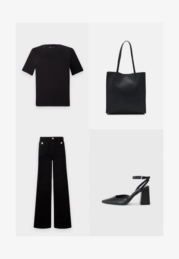 Black short-sleeve t-shirt with a round neckline, crafted from soft cotton fabric. Simple design, no visible logos or patterns.; Black flared jeans made of denim, featuring a high waist, two front pockets, and gold-tone hardware accents. Smooth texture, wide leg design.; Black leather pointy-toe pump with an ankle strap and a chunky heel. Flat texture, sleek design, and minimalistic aesthetics.; Black leather tote bag with smooth texture, rectangular shape, and two long handles. No visible hardware or embellishments.