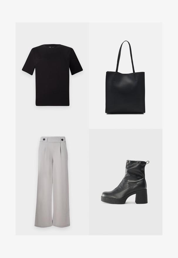 Camiseta negra de manga corta con cuello redondo, fabricada en suave algodón. Diseño simple, sin logos ni patrones visibles.; Pantalones de pierna ancha en gris claro, confeccionados en una tela suave, con un frente plano, dos pinzas y dos botones negros en la cintura.; Botines negros de tobillo, hechos de cuero suave, con cierre lateral, tacón grueso texturizado y diseño de punta redondeada.; Bolso tote de cuero negro con textura lisa, forma rectangular y dos asas largas. Sin herrajes ni adornos visibles.