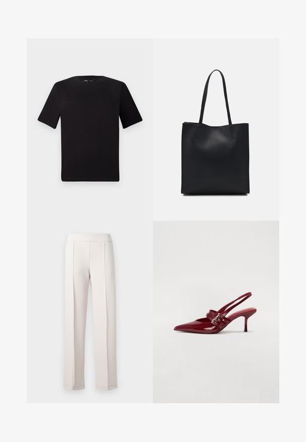 Fekete, rövid ujjú póló, kerek nyakkal, puha pamutból készült. Egyszerű dizájn, nincs látható logó vagy minta.; Világos bézs, széles lábú nadrág sima anyagból, magas derékkal, két elülső redővel és tiszta, szabott befejezéssel.; Piros lakkbőr slingback sarokcipő, hegyes orral, két csatoló pánttal és vékony, közepes magasságú stiletto sarokkal. Simább textúrájú.; Fekete bőrtáska sima felszínnel, téglalap alakú, két hosszú füllel. Nincs látható fémkiegészítő vagy díszítés.