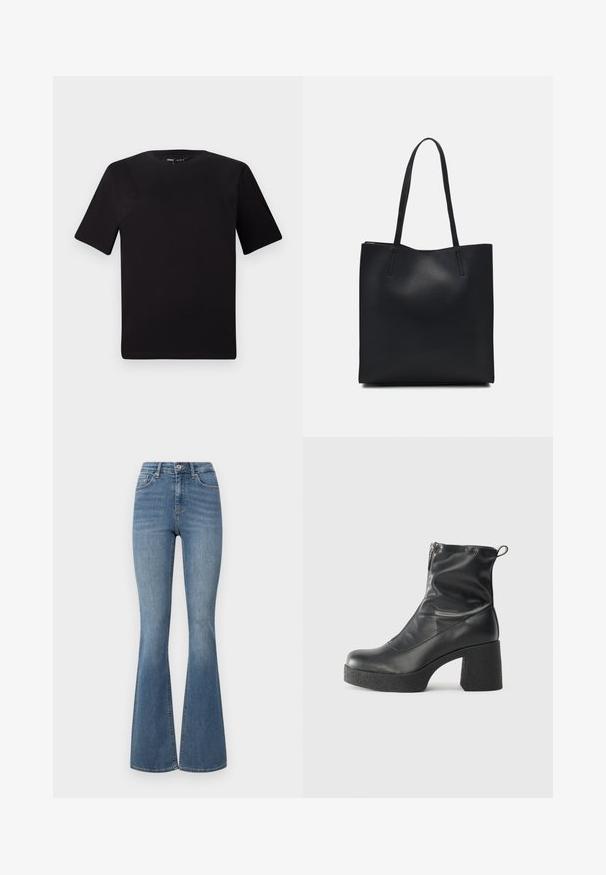 T-shirt noir à manches courtes avec un col rond, fabriqué en coton doux. Design simple, sans logos ni motifs visibles.; Jean évasé taille haute en denim bleu clair. Comprend un design classique à cinq poches avec des coutures discreet et une légère élasticité pour plus de confort.; Bottes noires à la cheville en cuir lisse, dotées d'une fermeture éclair sur le côté, d'un talon épais texturé et d'une conception à bout rond.; Sac fourre-tout en cuir noir avec une texture lisse, de forme rectangulaire et deux longues poignées. Pas de matériel ou d'ornementations visibles.