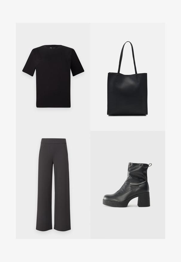 Svart t-skjorte med korte ermer og rund hals, laget av mykt bomullsstoff. Enkelt design, ingen synlige logoer eller mønstre.; Bredde bukser i mørkegrått stoff, med en glatt tekstur, elastisk livlinje og to frontlommer. Flat-front design.; Svarte ankelstøvler laget av glatt lær, med glidelås på siden, chunky strukturert hæl, og rund tå-design.; Svart lær tote bag med glatt tekstur, rektangulær form og to lange håndtak. Ingen synlige deler eller dekorasjoner.