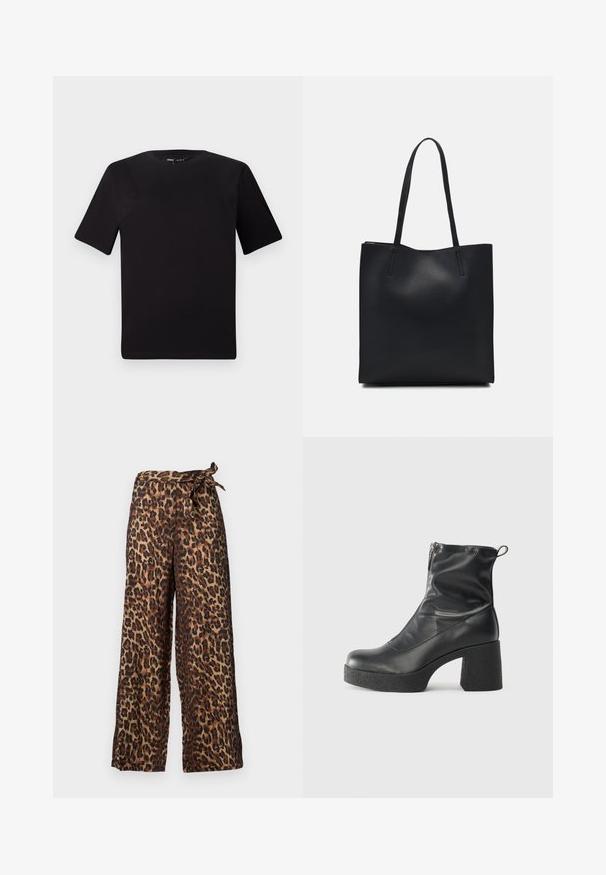 Black short-sleeve t-shirt with a round neckline, crafted from soft cotton fabric. Simple design, no visible logos or patterns.; Leopard print wide-leg trousers in brown and black, with a tied waistband and a smooth fabric texture.; Black ankle boots made of smooth leather, featuring a side zipper, chunky textured heel, and rounded toe design.; Black leather tote bag with smooth texture, rectangular shape, and two long handles. No visible hardware or embellishments.