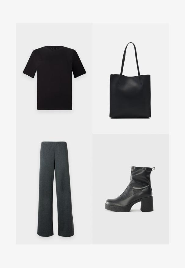 Tricou scurt negru cu mânecă scurtă și guler rotund, realizat dintr-un material de bumbac moale. Design simplu, fără logo-uri sau modele vizibile.; Pantaloni largi din țesătură gri închis din tweed. Au fante pe marginea pantalonului și un brâu elastic pentru o potrivire confortabilă.; Bocanci negri de glezna din piele netedă, cu fermoar lateral, toc texturat și masiv, și design cu vârf rotund.; Geantă tote neagră din piele, cu textură netedă, formă rectangulară și două mânere lungi. Fără hardware vizibil sau ornamente.