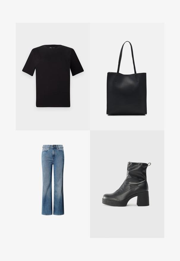 Camiseta negra de manga corta con cuello redondo, fabricada en suave algodón. Diseño simple, sin logos ni patrones visibles.; Jeans de mezcla de algodón azul con una cintura alta, diseño de pierna ancha y un lavado desgastado. Presentan un estilo clásico de cinco bolsillos y un cierre frontal con botón.; Botines negros de tobillo, hechos de cuero suave, con cierre lateral, tacón grueso texturizado y diseño de punta redondeada.; Bolso tote de cuero negro con textura lisa, forma rectangular y dos asas largas. Sin herrajes ni adornos visibles.